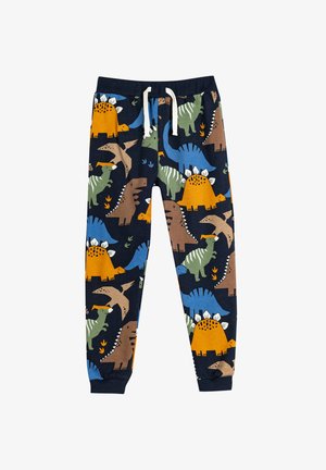 Jeugd joggingbroek in marineblauw met een dinosaurusthema in verschillende kleuren, waaronder groen, oranje en bruin; elastische tailleband met trekkoord.