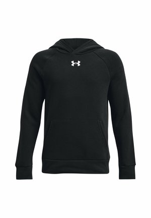 Sort pullover-hoodie med forlomme og hvidt Under Armour-logo centreret under halsudskæringen.