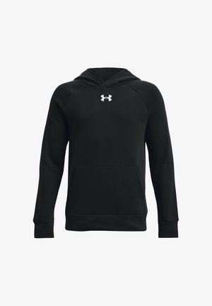 Juodas puloveris su gobtuvu, priekine kišene ir baltu Under Armour logotipu centrinėje vietoje po kaklo iškirpte.