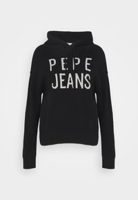 Sweat à capuche noir à coupe décontractée, avec un imprimé blanc "PEPE JEANS" sur le devant, capuche à cordon de serrage et poignets et ourlet côtelés.
