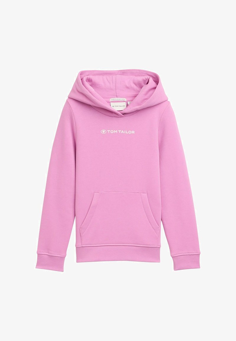 Felpa con cappuccio rosa, maniche lunghe, tasca frontale e logo bianco "TOM TAILOR" sul petto. Realizzata in tessuto morbido e strutturato.
