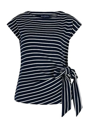 Marineblauw topje met korte mouwen, horizontale witte strepen en een strikdetail aan de rechterkant bij de taille.