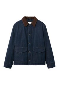 Jeans jakna s temno modro obdelavo, rjavim kordurojim ovratnikom, zapiranjem na gumbe in dvema sprednjima žepoma našito. Ima klasičen dizajn.