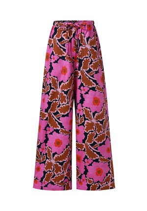 Pantalon à jambes larges avec taille élastique et lien, présentant un motif floral audacieux rose, marron et noir.