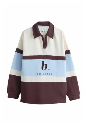 Langärmeliges Rugbyhemd mit dunkelbraunem Kragen und Bündchen, cremefarbenen und hellblauen horizontalen Streifen sowie dem Logo "b by Ted Baker" auf der Vorderseite.