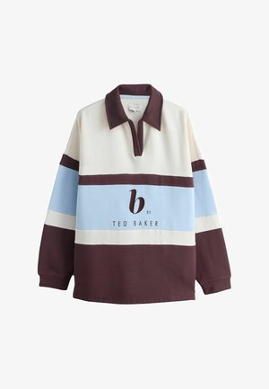 Hosszú ujjú rögbi ing sötétbarna gallérral és mandzsettával, krémszínű és világoskék vízszintes csíkokkal, valamint „b by Ted Baker” logóval az elején.