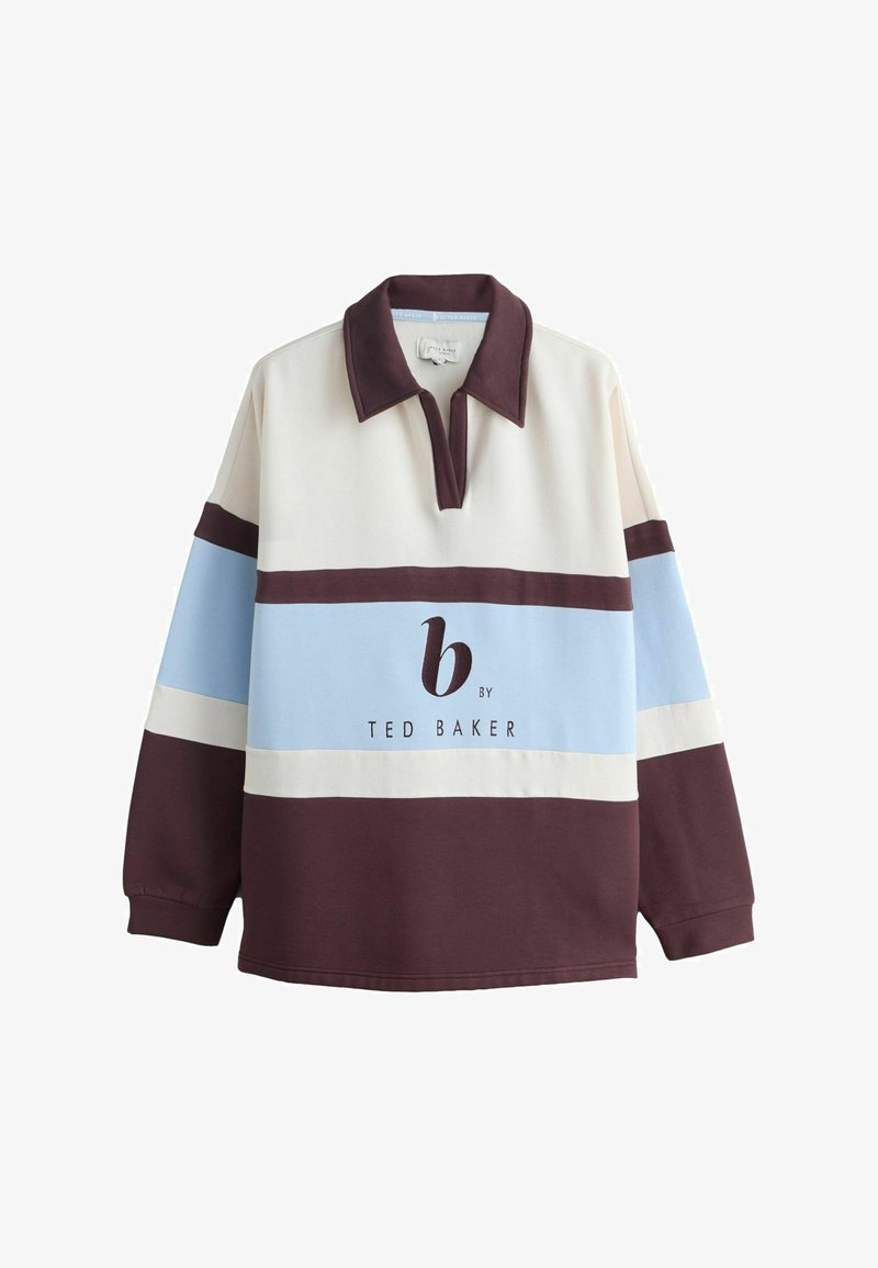 Pikkade varrukatega ragbipluus tumepruuni krae ja mansettidega, kreemikas ja helesinistes horisontaalsetes triipudes ning ees "b by Ted Baker" logo.