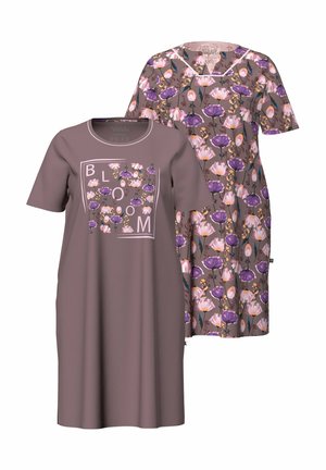 To lilla lilla kjoler med korte ærmer, den ene med blomsterprint og den anden med bogstaver, der staver "BLOOM" omgivet af blomster foran.