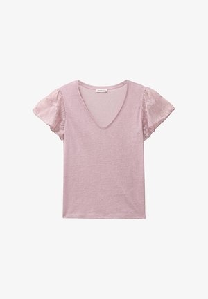 Blusa femenina de color rosa claro con escote en V y mangas cortas abullonadas transparentes bordadas.