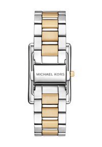 Zweifarbiges Metallarmband mit goldenen Mittelgliedern und silbernen Außengliedern, ausgestattet mit einem Verschluss, der mit "MICHAEL KORS" graviert ist.
