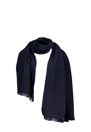 Écharpe bleu marine foncé en tissu texturé, avec un motif en chevrons et des bords effilochés. Design léger et oversize pour plus de chaleur.