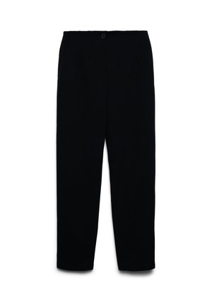 Pantaloni neri a gamba dritta con chiusura a bottone in vita, mostrati su sfondo bianco.