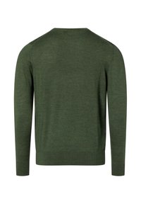 Green wool sweater with a crew neckline, long sleeves, and ribbed hem. Smooth texture with a uniform, slightly heathered pattern.