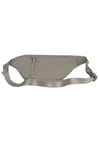 Borsa a cintura in tessuto grigio con una texture liscia, cinturino regolabile e tasca anteriore con zip. Forma ovale compatta progettata per un facile trasporto.