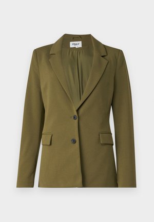 Olive green blazer made of smooth fabric, featuring a notched lapel, two front pockets, two black buttons, and a single back vent.