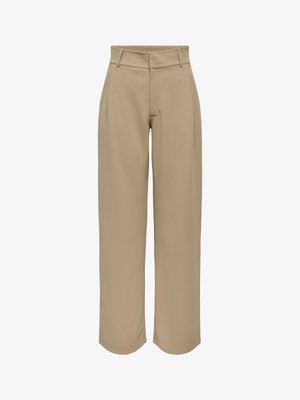 Beige wijde broek met hoge taille, voorplooien en zijzakken, nauwsluitende pasvorm geschikt voor zowel casual als formele gelegenheden.