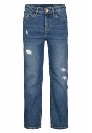 Jean en denim bleu, coupe droite, fermeture par bouton et fermeture éclair, avec trois patches usés sur les jambes avant.