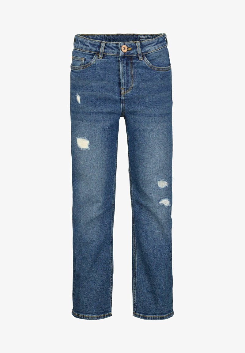 Jean en denim bleu, coupe droite, fermeture par bouton et fermeture éclair, avec trois patches usés sur les jambes avant.
