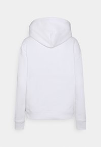 Plain white hooded sweatshirt shown from the back, featuring long sleeves and ribbed cuffs and hem.