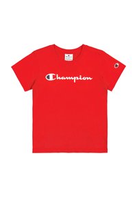 Piros pamut póló kerek nyakkal, rövid ujjú, fehér "Champion" logóval a mellkason. Kicsi logó részlet a bal ujján.