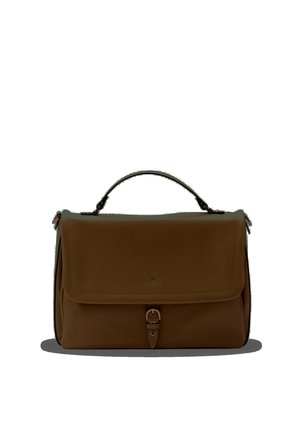 Sac à main en cuir marron avec poignée supérieure, rabat avant et fermeture à boucle, présenté sur fond blanc.