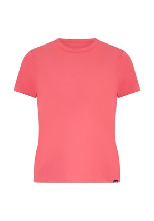 Kurzärmeliges T-Shirt aus glattem, dehnbarem Stoff in leuchtendem Korallenrot, mit klassischem Rundhalsausschnitt und gerade geschnittenem Saum.