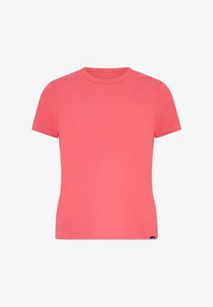 T-shirt med korte ærmer lavet af glat, elastisk stof i en klar koralfarve, som har en klassisk rund halsudskæring og en lige skåret kant.