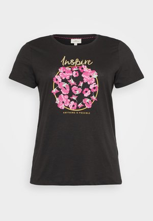 Mustmust t-särk musta puuvillaga, millel on ümmargune roosa ja rohelise lillemuster, kus peal on tekst "Inspire" ja "Anything is Possible" kuldsetes tähtedes.