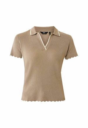 Polo tričko s krátkým rukávem ze světle hnědého žebrovaného materiálu s kontrastním bílým límcem a zvlněným lemem. Má výstřih do V a přiléhavý střih.