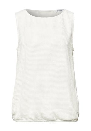 Ærmeløs hvid tekstureret bluse med rund halsudskæring og elastisk kant, lavet af letvægtsstof.