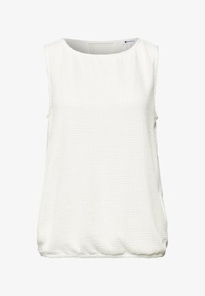 Blouse blanche sans manches texturée avec col rond et ourlet élastiqué, en tissu léger.