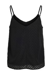 Čierny top bez rukávov s nastaviteľnými ramienkami, textúrovaný chevronový vzor, výstrih do V a priesvitný spodný lem. Vyrobený z ľahkého materiálu.