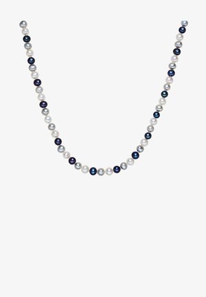 Perlenkette mit abwechselnd weißen und dunklen Perlen, die eine klassisch runde Form und eine glatte, glänzende Oberflächenstruktur präsentiert.