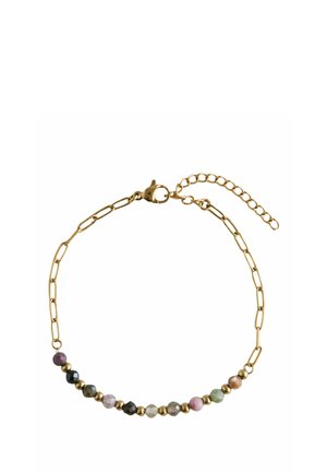Gold chain bracelet with lobster clasp featuring alternating small gold and multi-colored round beads.