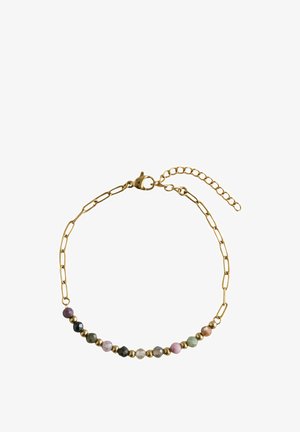 Gold chain bracelet with lobster clasp featuring alternating small gold and multi-colored round beads.