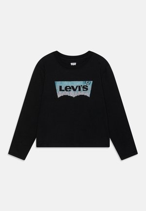 T-shirt noir à manches longues en coton avec un design du logo Levi's en bleu et blanc orné de bijoux à l'avant. Encolure ronde, coupe décontractée.
