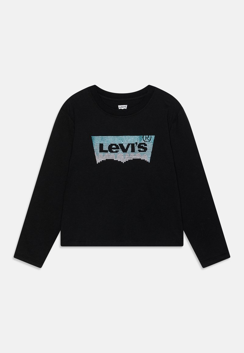 T-shirt a maniche lunghe nera in cotone con un design del logo Levi's gioiellato blu e bianco sulla parte anteriore. Collo rotondo, vestibilità morbida.