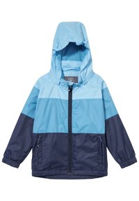 Modrá větrovka s kapucí, zipem vpředu a elastickými manžetami. Design rozdělený na barvy, s světle a tmavě modrými panely. Dvě boční kapsy.