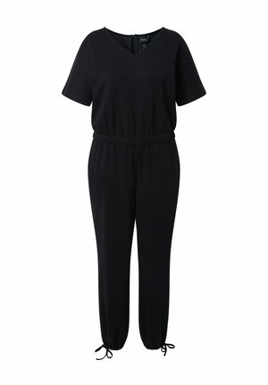 Czarny kombinezon z krótkim rękawem, z elastyczną talią, dekoltem w serek, zwężanymi nogawkami i regulowanymi wiązaniami przy kostkach.
