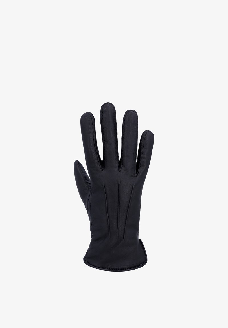 Schwarzer Lederhandschuh mit gesteppten Details, Handfläche nach unten gezeigt, Finger ausgestreckt und leicht auseinander.