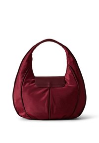 Rote Leder-Hobo-Tasche mit glatter Oberfläche, einem Einzelhenkel und einem Klappenverschluss. Verfügt über zarte gemusterte Details am Körper.
