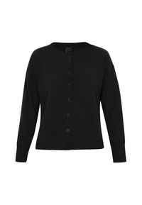Schwarze Strickjacke mit rundem Halsausschnitt, langen Ärmeln und voller Knopfleiste. Ribbed Bündchen und Saum sorgen für Textur. Glatter Stofffinish.