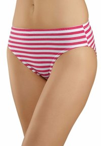 Gestreifter Bikini-Boden in Rosa und Weiß, aus weichem Stoff gefertigt. Hat einen hohen Bund und eine glatte Textur mit überlockten Nähten.