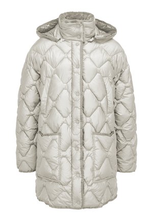 Hellgraue, gesteppten Daunenjacke mit Druckknöpfen, zwei vorderen Taschen, hohem Kragen und Kapuze mit weicher Innenausstattung.