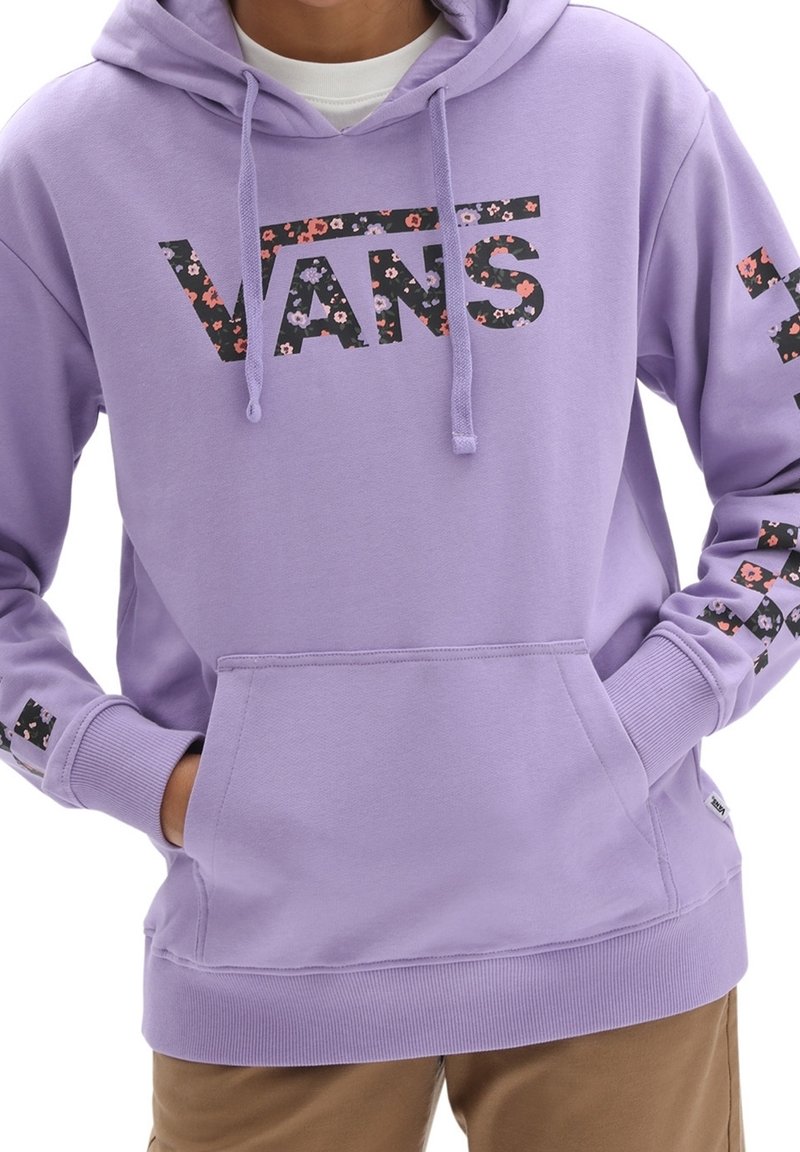 Felpa viola con logo "VANS" a motivo floreale, cordini e tasca frontale. I polsini e l'orlo sono a costine per una vestibilità aderente.