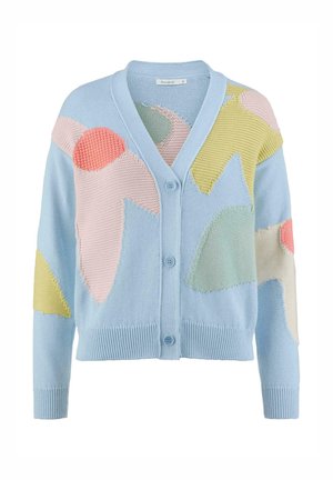Light blue cardigan featuring multicolored abstract patterns in pink, green, yellow, and orange. Button front and ribbed cuffs.