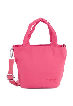 Kleine pinke Tragetasche mit gerafften Stoffgriffen, verstellbarem Schulterriemen und "Venezia"-Logo auf der Vorderseite.