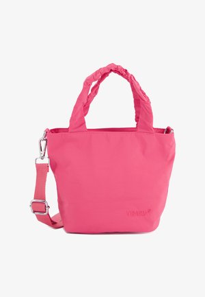 Petit sac fourre-tout rose avec poignées en tissu froncé, sangle d'épaule réglable et logo "Venezia" sur le devant.