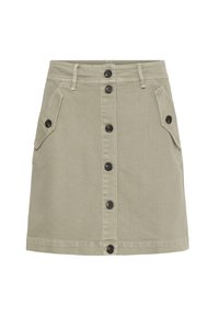Jupe en denim kaki avec fermeture à boutons sur le devant, deux poches latérales et boutons noirs contrastés pour une touche supplémentaire.