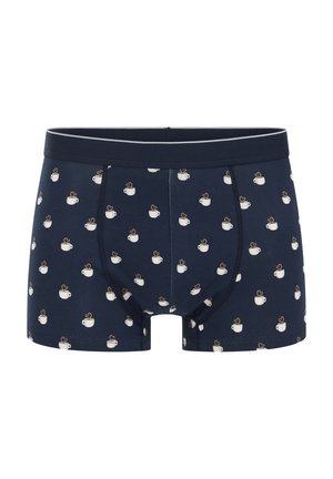 Granatowe bokserki męskie z białym wzorem filiżanek do kawy oraz ciemną elastyczną gumką w pasie z cienkim białym paskiem u góry.